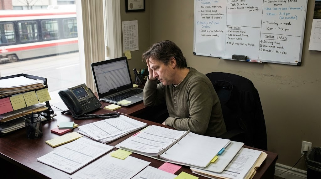 Person sitting at a cluttered desk.
