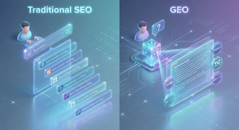 GEO vs SEO bigbrainway GEO, AEO, SEO, and bigbrainway AI Comparison of Traditional SEO funnel versus Generative Engine Optimization GEO citation flow.