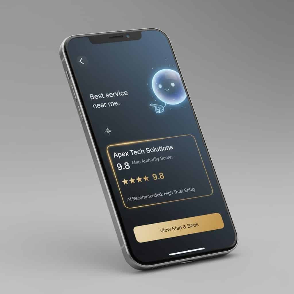 Visual representation of an AI assistant recommending a business based on Map Authority.