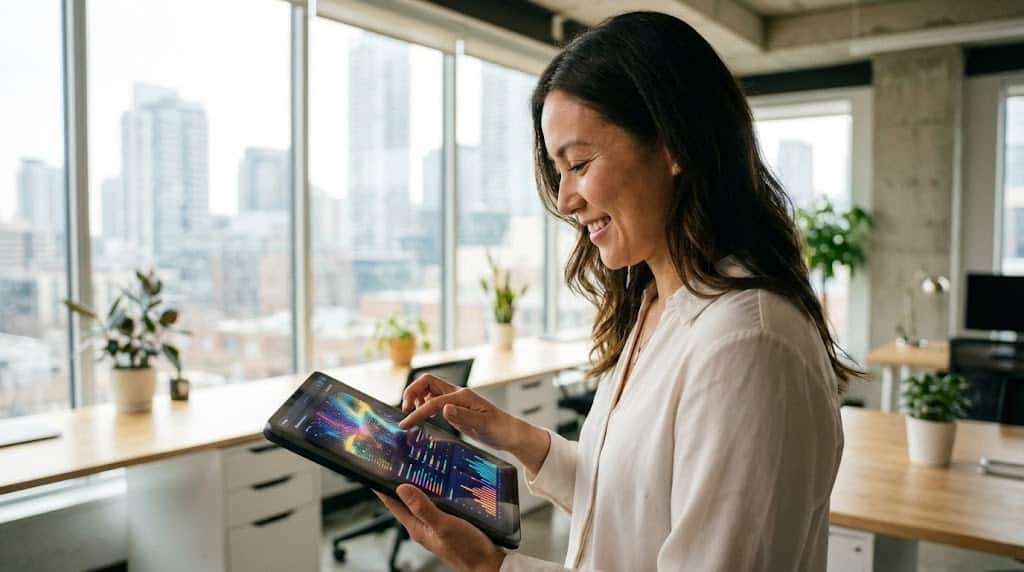 future_of_AI_for_Toronto_small_businesses Person using tablet in modern office, whie showing the future of AI in Toronto small businesses