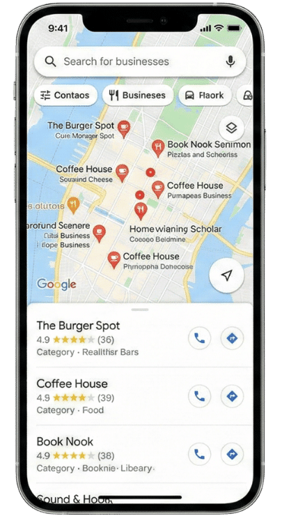 iphone search BigBrainWay AI Visual representation of an AI assistant recommending a business based on Map Authority.