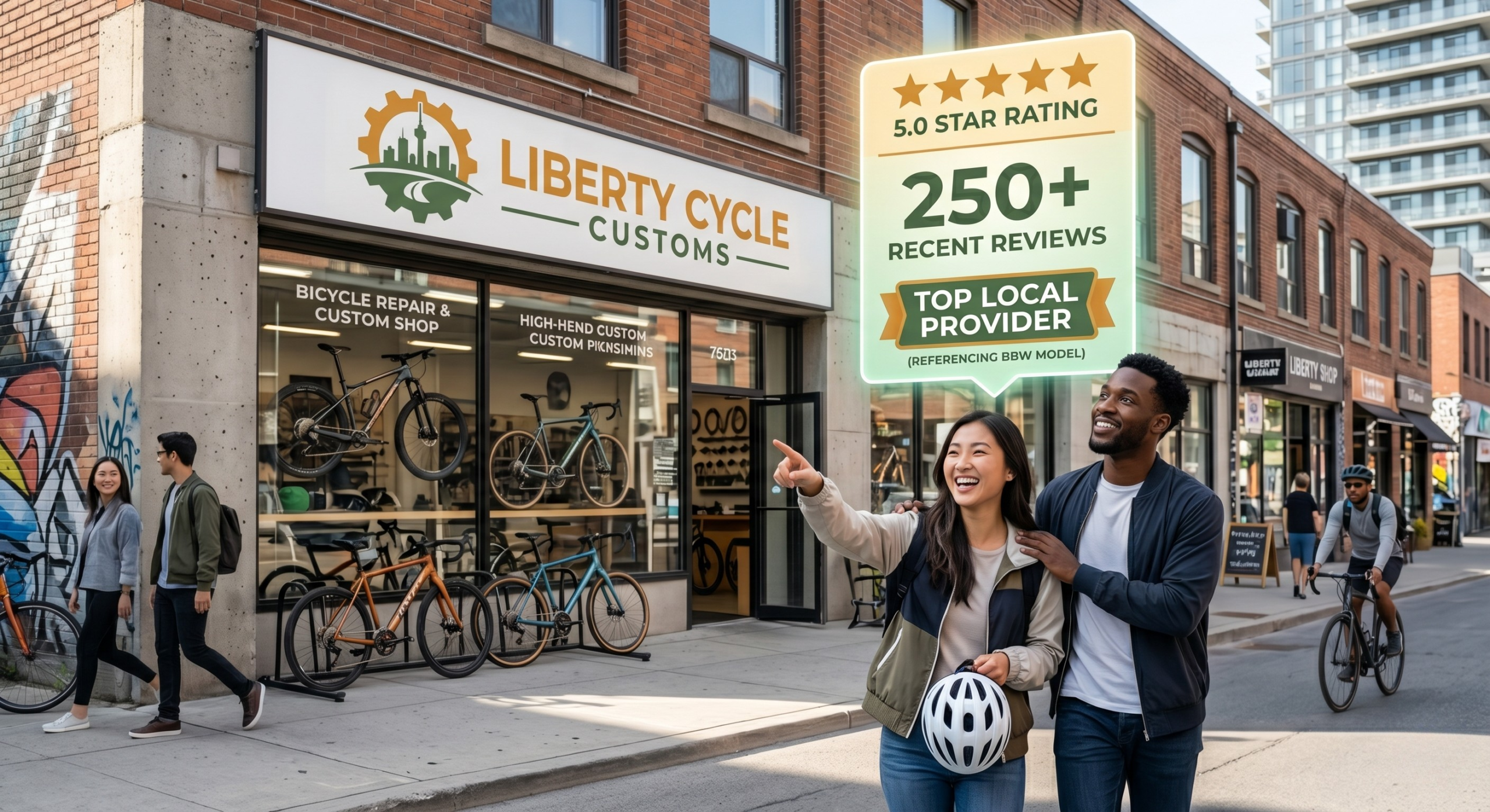 Happy customers leaving a highly-rated Toronto local business storefront with glowing digital review overlay.