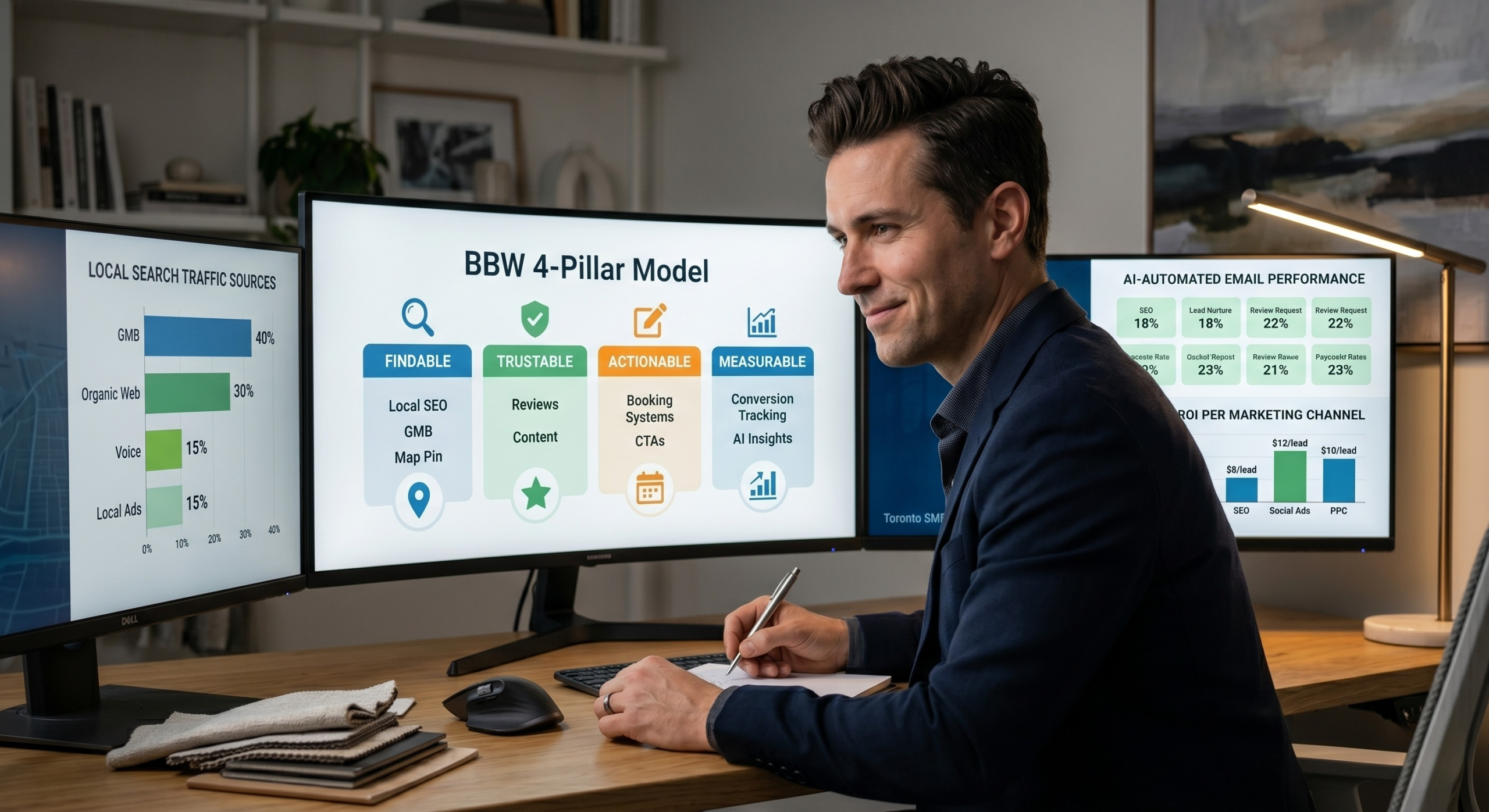 Small business owner analyzing integrated marketing analytics dashboard with clear data visualization.